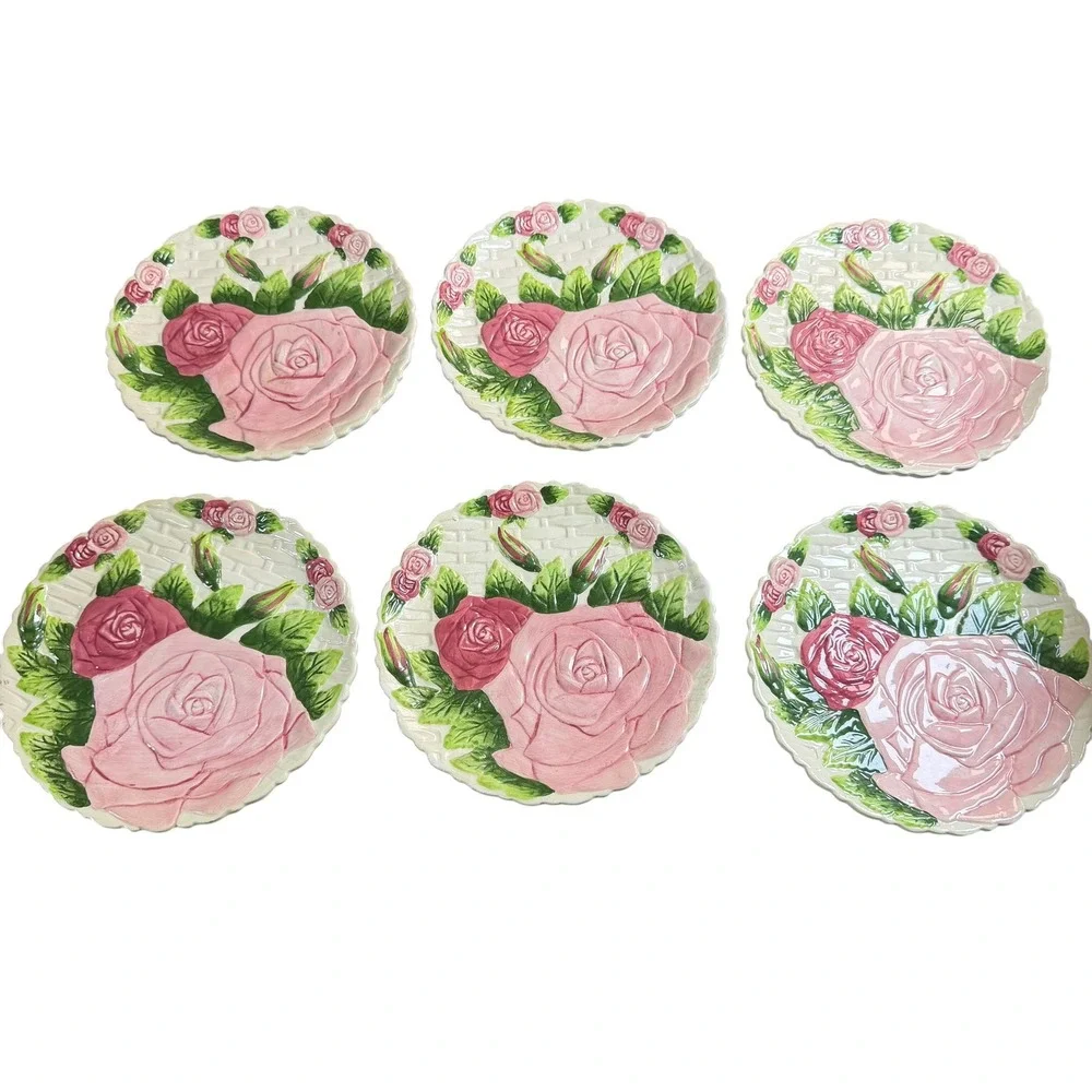 KMC Vintage Rose Basketweave Ceramic Dessert Plates Set of 6 Pink Floral 8in